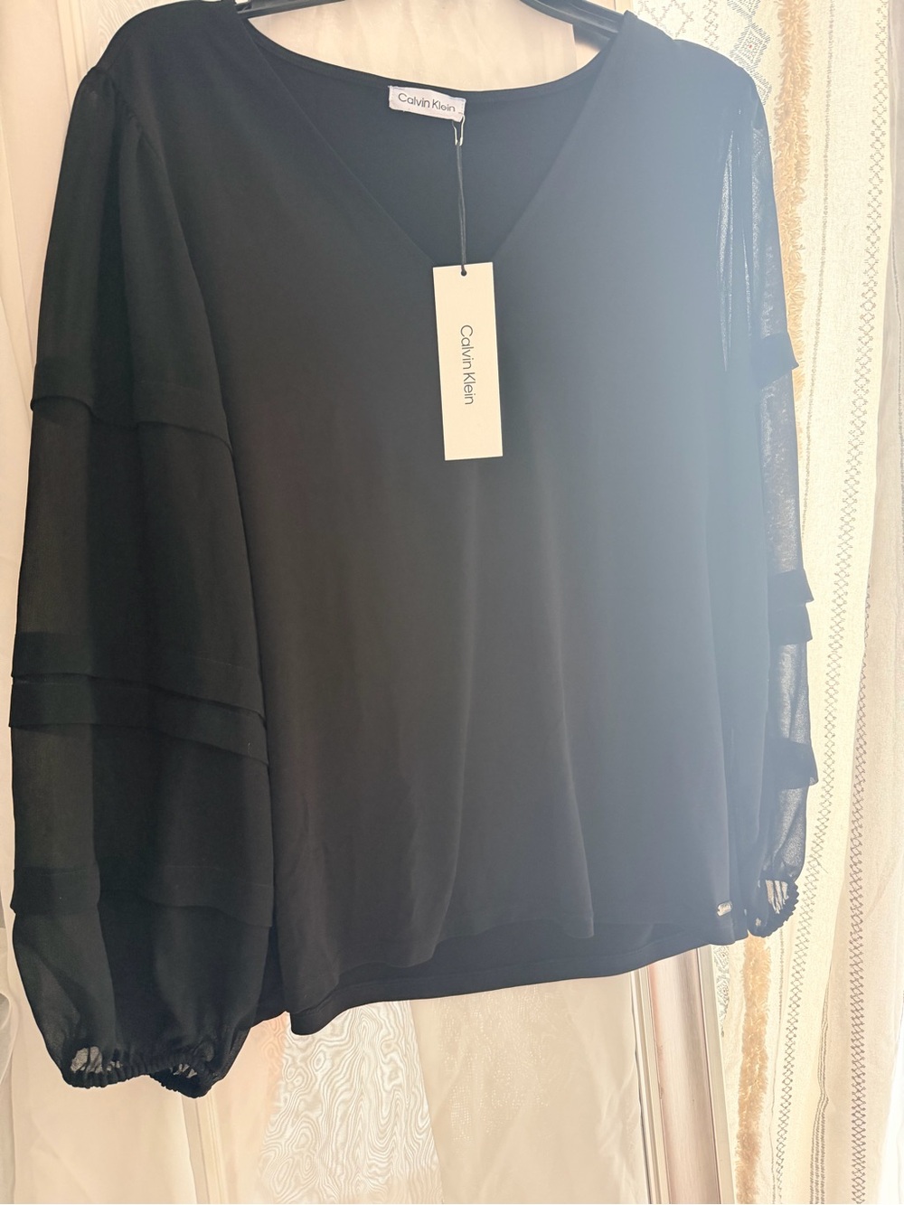Calvin Klein Black V-Neck Layered-Sleeve Blouse
